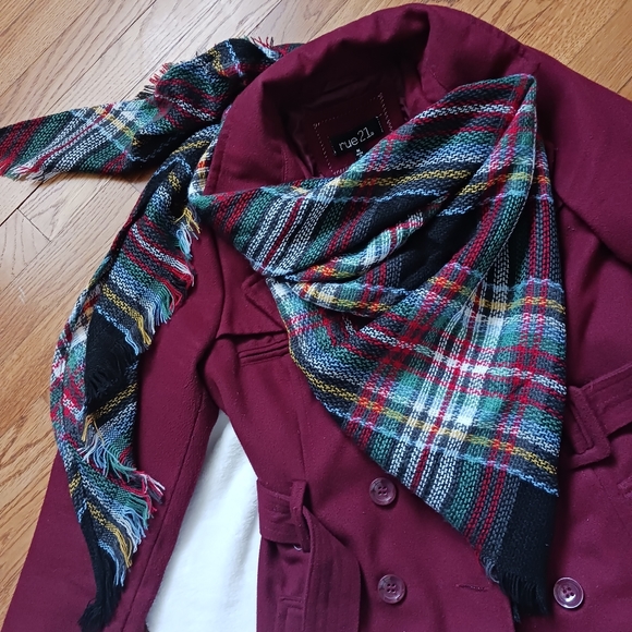 Wander Agio • Women's Woolen Yarn Plaid Stripe Triangle Shawl Scarf, NWOT - Picture 9 of 9